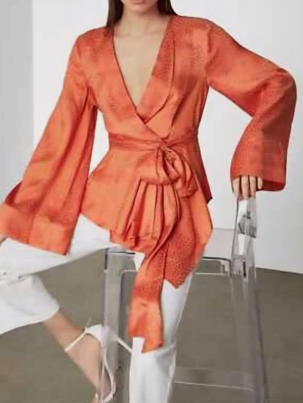 BCBG Max Azria | Textured Satin Bell Sleeve Wrap Top Blouse | Papaya | XS - Picture 3 of 12